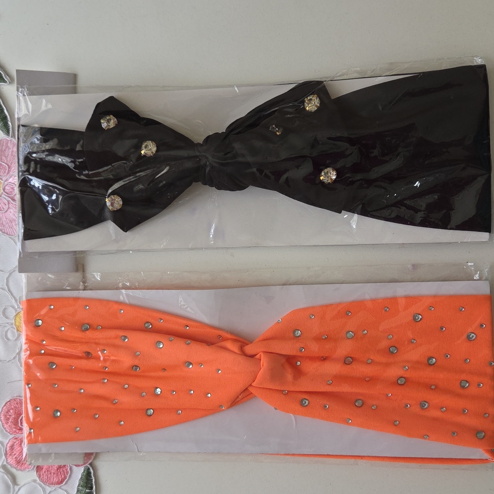 2 x 15 Women Stretch Rhinestone Headband Black Orange Elastic Hair Band Sparkly